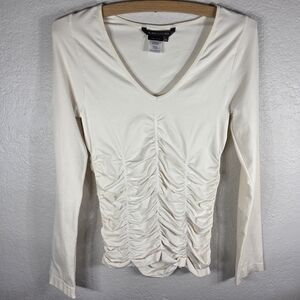 BCBGMaxazria Ivory Ruched Long Sleeve V-Neck Top Blouse M/ L Stretch